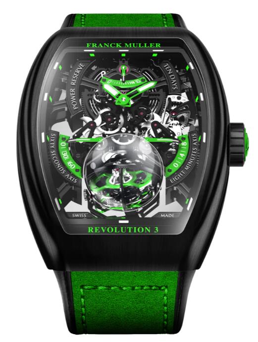 Franck Muller Vanguard Revolution 3 Skeleton Brushed Black Titanium - Green Replica Watch V50 REV 3 PR SQT NRBR (VR)